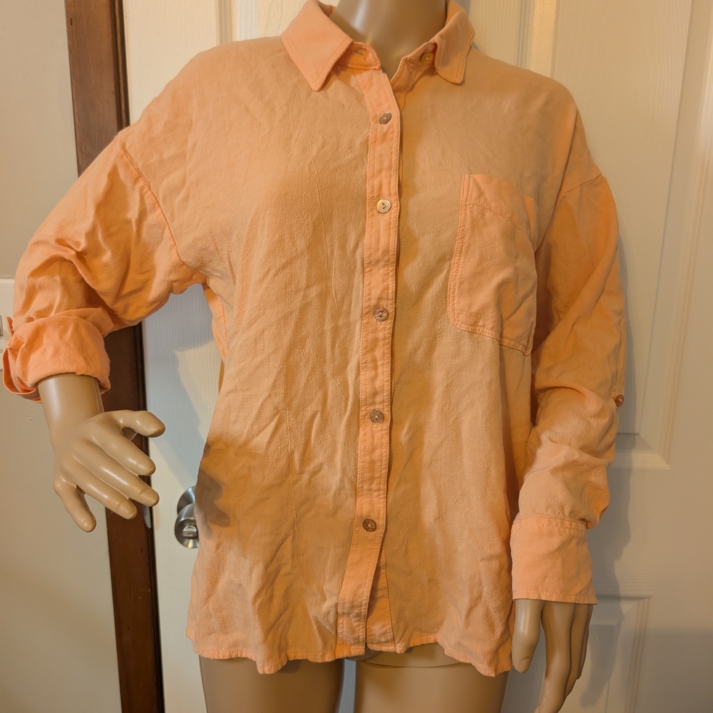 BéCool Linen Blend Casual Button Down Shirt in Orange/Peach M/L